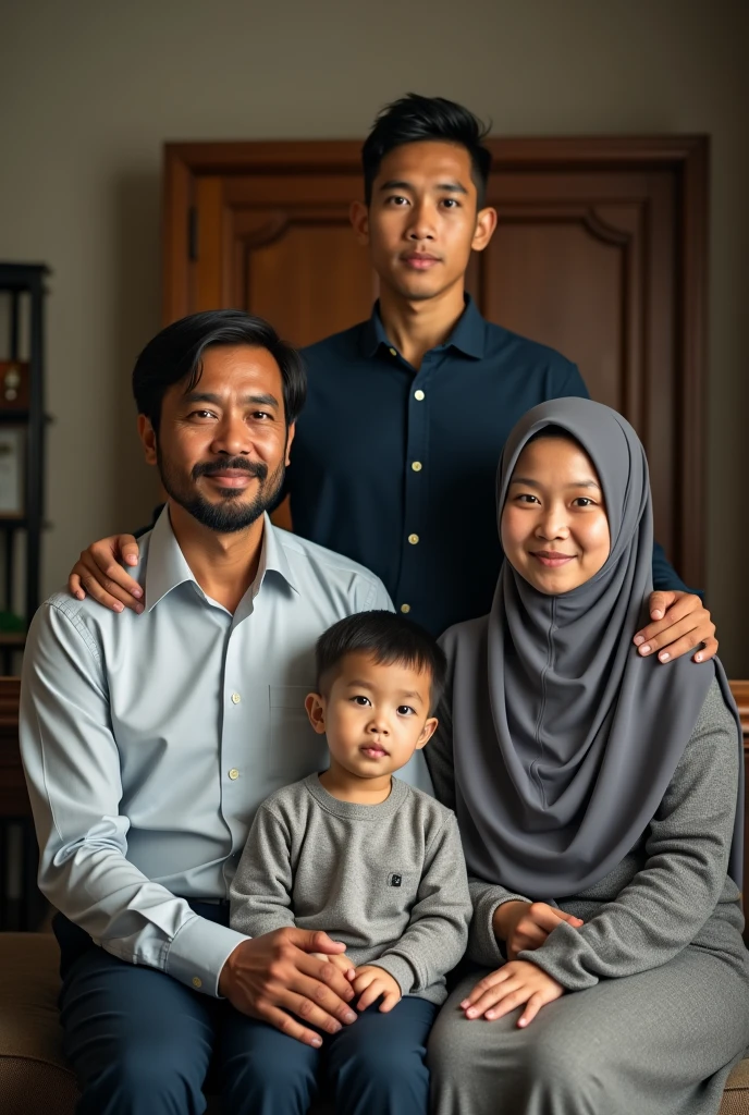 photo of an Indonesian family containing 5 people dressed in Muslim clothes, 3 people sitting on chairs, a 50 year old father sitting on the far left with black hair and a thin body, no mustache and no beard, in the middle sits his son, sitting on the right a 3 mother, wearing a hijab with a slightly fat body, behind her stood 2 boys, one , not too tall and thin, and the other 1, tall and rather thin.