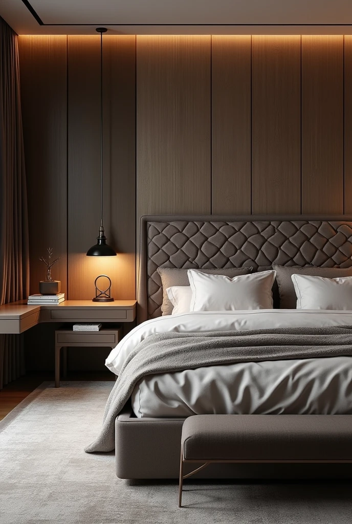 A modern bedroom design
A little heavy looking design
Bed backboard should have a design 
Add a study table on left side of the room with slabs fir books 