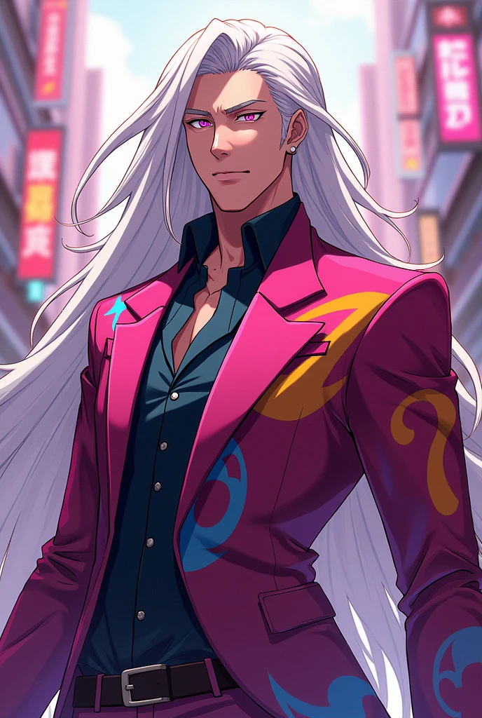My Hero Academia, tall boy with long white hair and pink eyes wearing party clothes