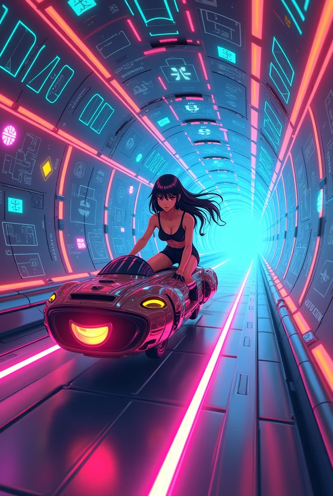 Japanese anime style,Term Machine,Woman riding on a flying carpet,Cryptocurrencyのトンネルを飛んでいる,Speed,intense,Neon lit tunnel,Cryptocurrency,Bitcoin,Altcoins,Crypt,Traveling to the past,8k