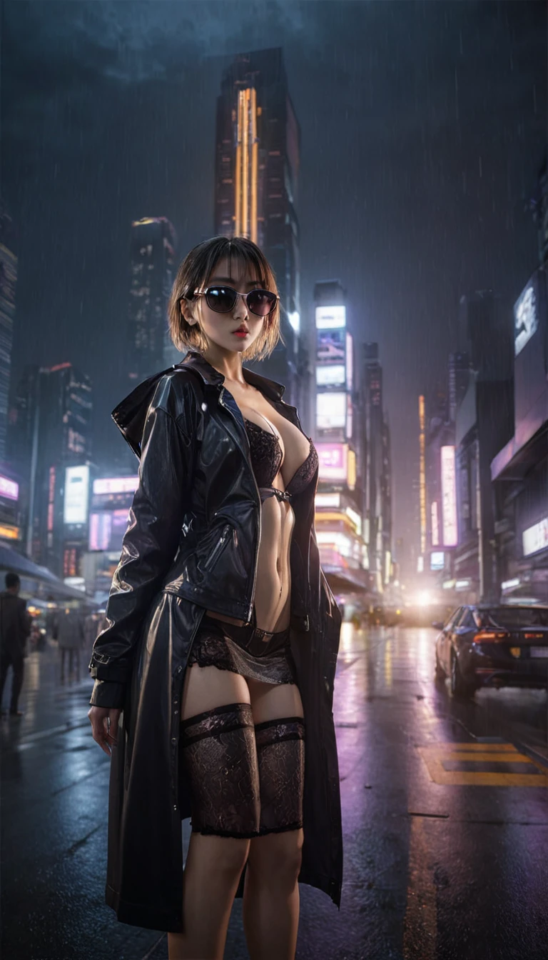 Blade Runner style futuristic Tokyo city, flying cars, neon lights, rainy night. (1girl, solo, alone), large-breast:1.2 slim:0.9 body, oval:0.8 face, cleavage:1.1, sexy laced lingerie, low angle view of miniskirt, jacket, (black micro sunglasses), (holding a short gun), half-body thigh level medium shot, cinematic lighting, ray tracing.