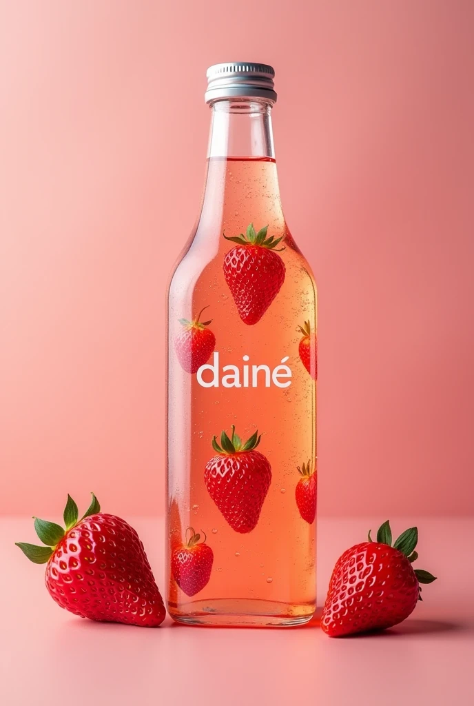 strawberry drink in a flat square bottle with nice branding name "Dainé" and make stickers on the bottle that have strawberry.
put strawberry image on the bottle 