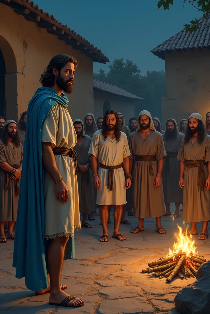 A Caucasian man with a beard and brown hair, thesis clara, bone-colored tunic dress with elbow-length sleeves, short brown skirt, simple leather belt at the waist, sandals with strings up to the shins, sky blue cloak, while standing outside a 1st century Jewish mansion, at night, where there is a campfire, He and other people watch as a group of Jews take a man with a beard and long hair out of the house, straight nose, Jewish eyes and a light bone-colored tunic, with hands tied 