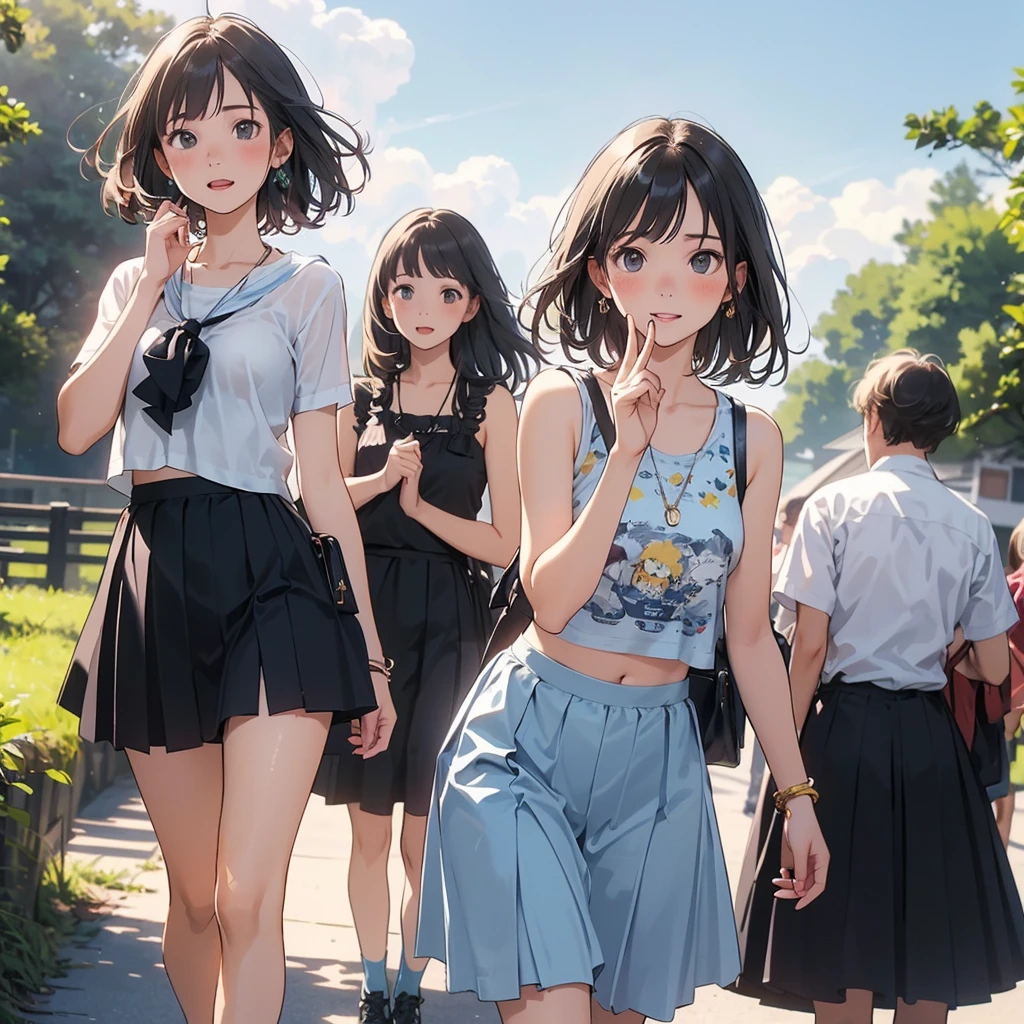 ((highest quality)), ((masterpiece)), (High resolution), 8K, best shadow, The best natural light, cinematic, climbing the stairs、3girls, Age 25, smiling, ((Rear view))、(Angle from directly below the rear), ((View from directly below))、(Skirts that turn over in strong winds:1.4), (no panties,pussies), slender body, beautiful thighs, embarrassed look