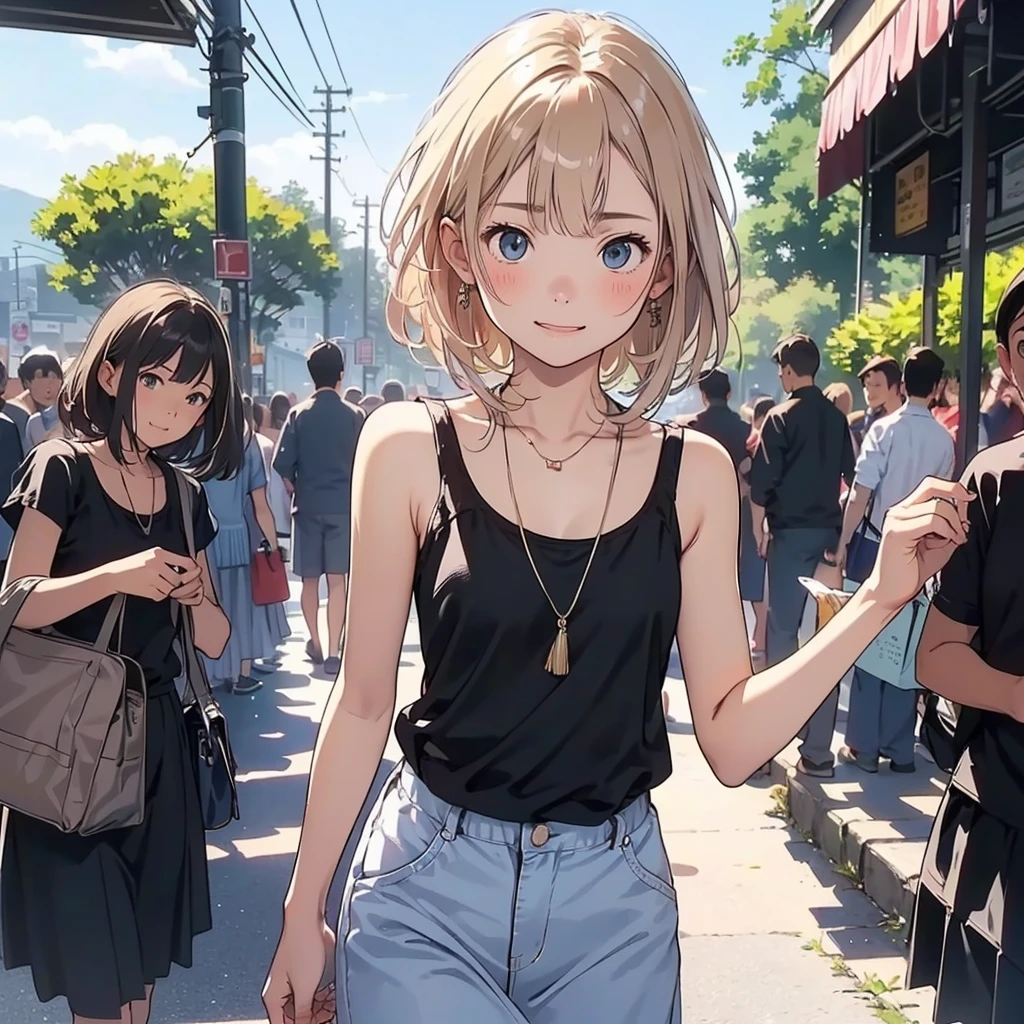reasonable design, Clear lines, High Sharpness, (highest quality,8K,Perfect sharpness,Ultra fine,High resolution,masterpiece:1.2), Perfect Anatomy:1.5, Official Art, Illustrations that tell a story, (Whitish background:0. 9)、Body Positivity、More Mr.Physical expression、(Random and mischievous poses)、Perfect beauty、Perfect beautiful face、Strong winds、A rich expression、Dynamic composition、smile、Golden ratio composition、colorful、(Mr.Different angles and perspectives)、anime art、mini skirt、(Overcoming stereotypes)、 Glowing Skin、(Natural beauty)、smile、bangs、Straight blonde Hair、(Soft and flowing hair)、(Rural Scenery)、(Nostalgic atmosphere)、Insert up to the thighs、(Playful and carefree)、(More Mr.Ethnic characters)、(innocent attitude)、(Sunny atmosphere)、Skirt flipped up and showing panties、(Bright colors)、Belly button exposed、Beautiful blue Eyes、A skirt fluttering in the wind、Put it in to your feet、Some composition patterns、Tank top、sensuous、Geometric pattern、、