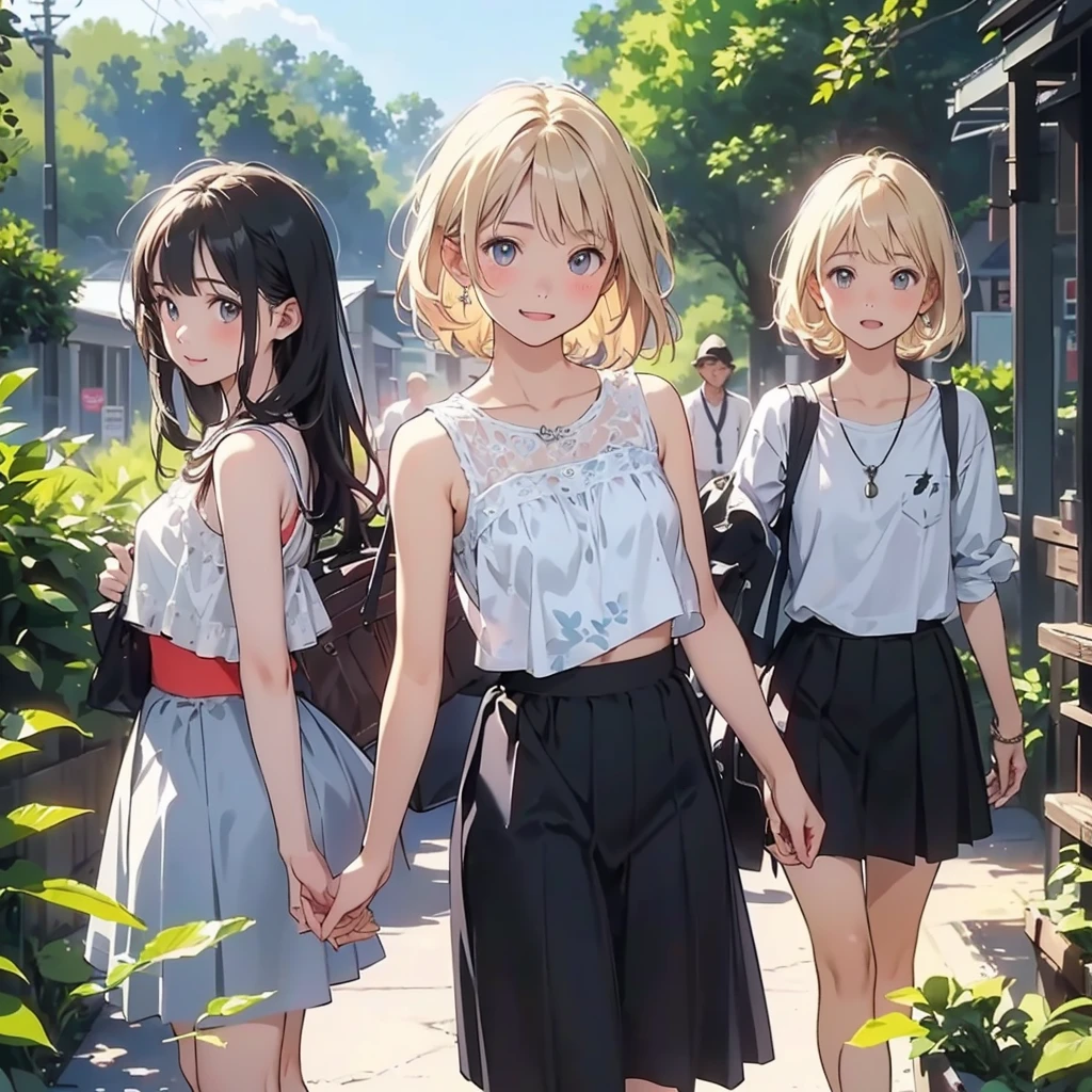reasonable design, Clear lines, High Sharpness, (highest quality,8K,Perfect sharpness,Ultra fine,High resolution,masterpiece:1.2), Perfect Anatomy:1.5, Official Art, Illustrations that tell a story, (Whitish background:0. 9)、Body Positivity、More Mr.Physical expression、(Random and mischievous poses)、Perfect beauty、Perfect beautiful face、Strong winds、A rich expression、Dynamic composition、smile、Golden ratio composition、colorful、(Mr.Different angles and perspectives)、anime art、mini skirt、(Overcoming stereotypes)、 Glowing Skin、(Natural beauty)、smile、bangs、Straight blonde Hair、(Soft and flowing hair)、(Rural Scenery)、(Nostalgic atmosphere)、Insert up to the thighs、(Playful and carefree)、(More Mr.Ethnic characters)、(innocent attitude)、(Sunny atmosphere)、Skirt flipped up and showing panties、(Bright colors)、Belly button exposed、Beautiful blue Eyes、A skirt fluttering in the wind、Put it in to your feet、Some composition patterns、Tank top、sensuous、Geometric pattern、、