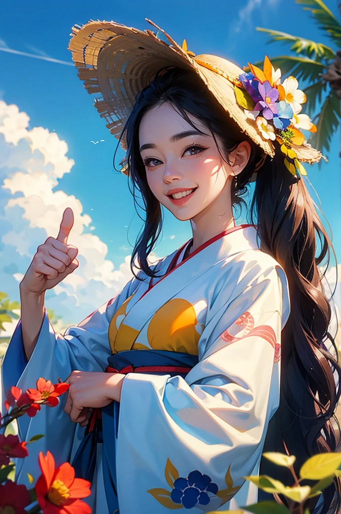 Bust-up of a beautiful woman in a kimono showing a bright smile and thumbs up under a blue sky