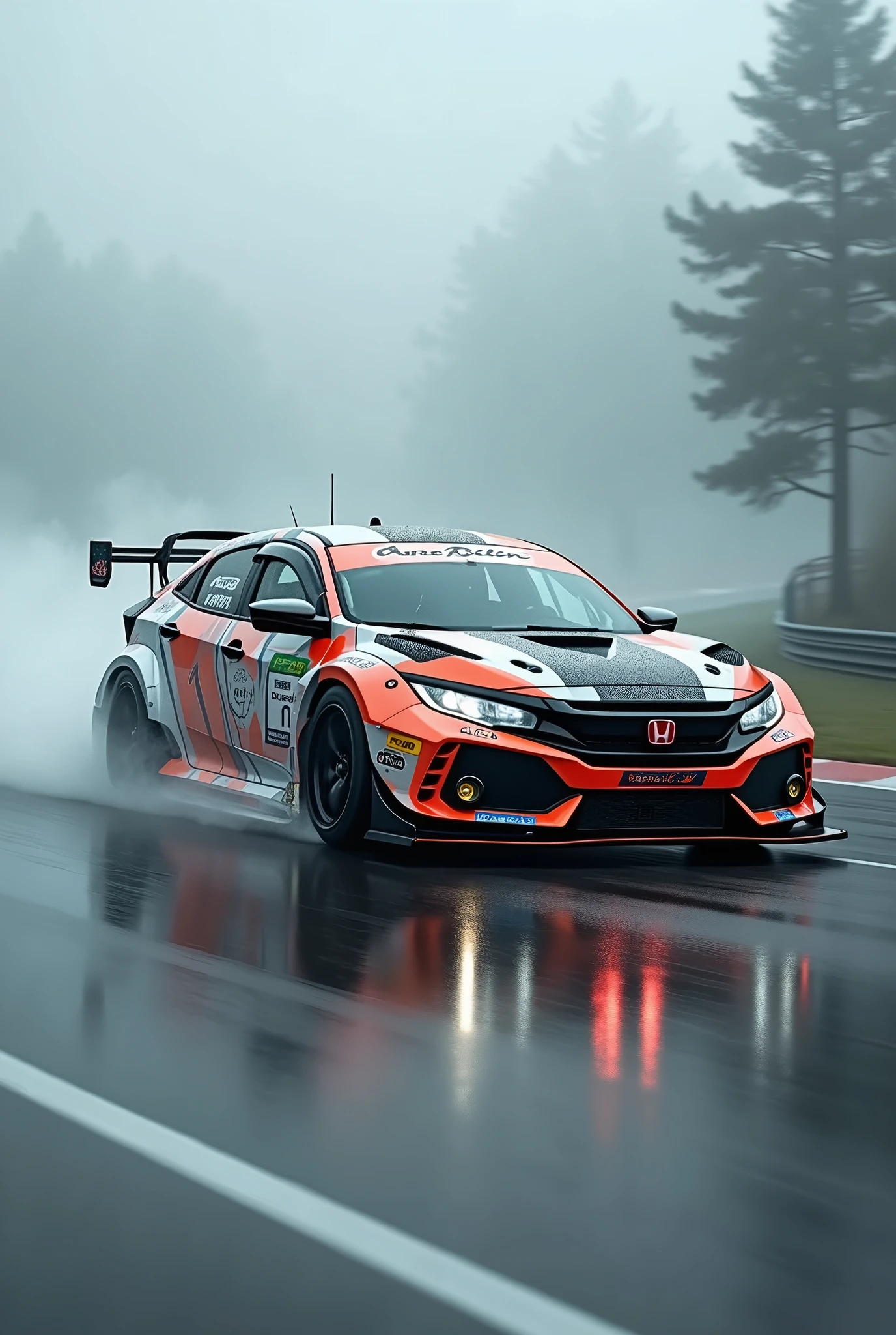 A honda civic car running on racing track with lowered suspension with hot livery in fog and little rain