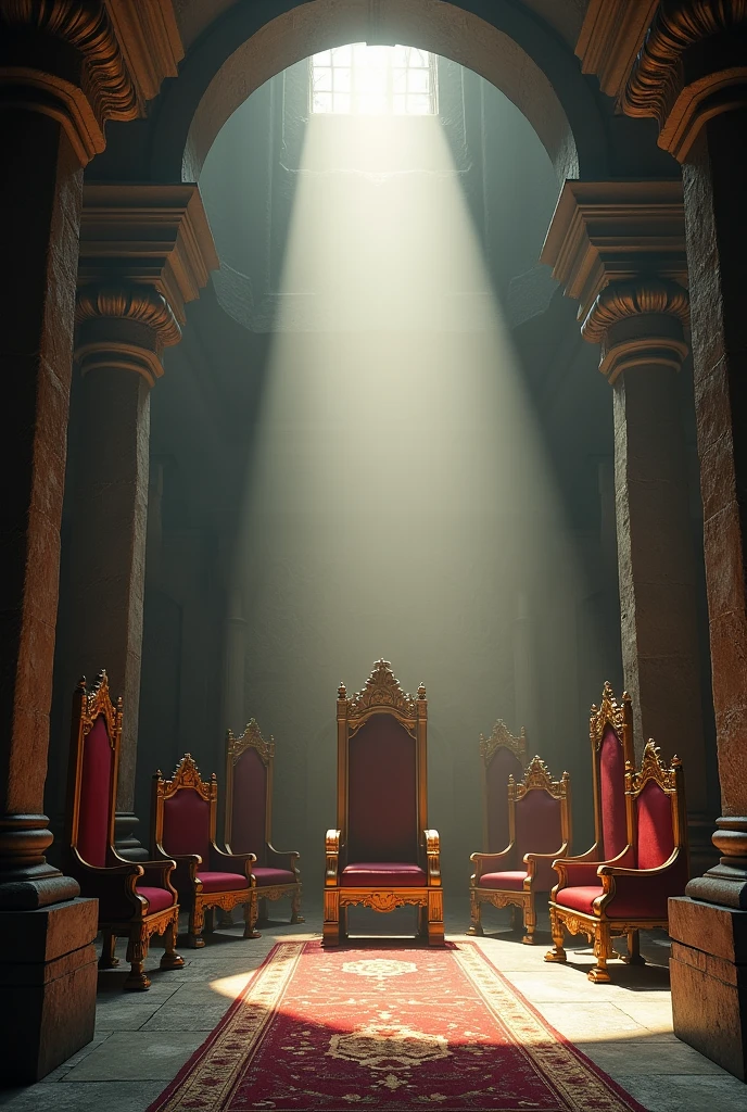 7 antique king chairs in an ancient castle with a ray of light illuminating the epics