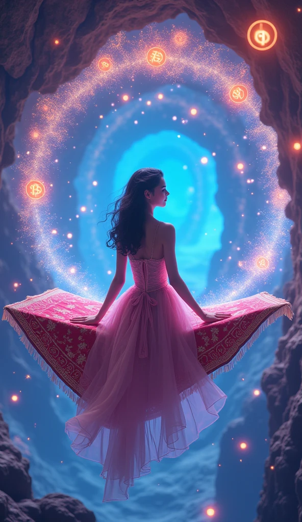Japanese anime style,(Term Machine:1.4) ,(Woman riding on a flying carpet:1.4) ,(Cryptocurrencyのトンネルを飛んでいる:1.4) ,Neon lit tunnel,Cryptocurrency,Bitcoin,Altcoins,Crypt,Traveling to the past,8K, high quality, (RAW photo, best quality), (realistic, photorealistic: 1.4), (extremely delicate and beautiful: 1.4), amazing, fine details, masterpiece, ultra detailed, high resolution, best illustration, best shadow, intricate, ( extremely intricate: 1.2), (exquisitely detailed skin), cinematic light, perfect anatomy, (cool color: 1.4), sharp focus, 8k UHD, DSLR, (Fujifilm XT3),(pose americano :1.4), (85mm F/1.4)