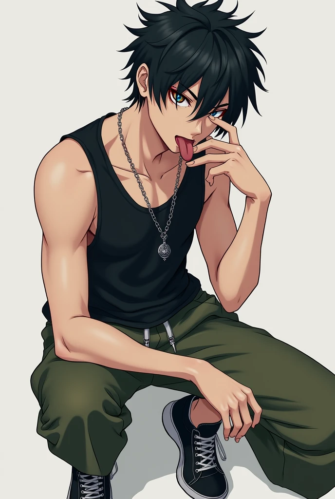 (photoanime1.2), Attractive man, 1, white skin, messy black hair, black tank top, wide leg shorts in moss green, black sneakers, defined physique, light brown right eye, and the other one is dark blue, scar in the mouth, sticking out tongue and posing
