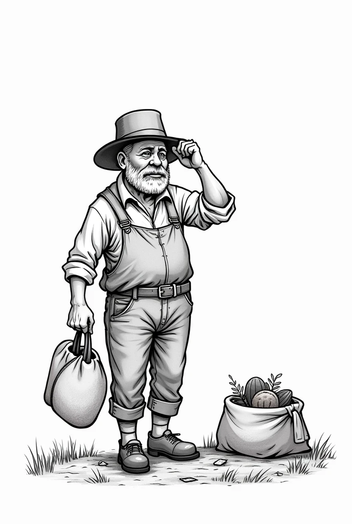 Create a black and white drawing but you can see a farmer man getting dressed and holding his hat and a bag.. Don't make it too realistic that you can draw it
