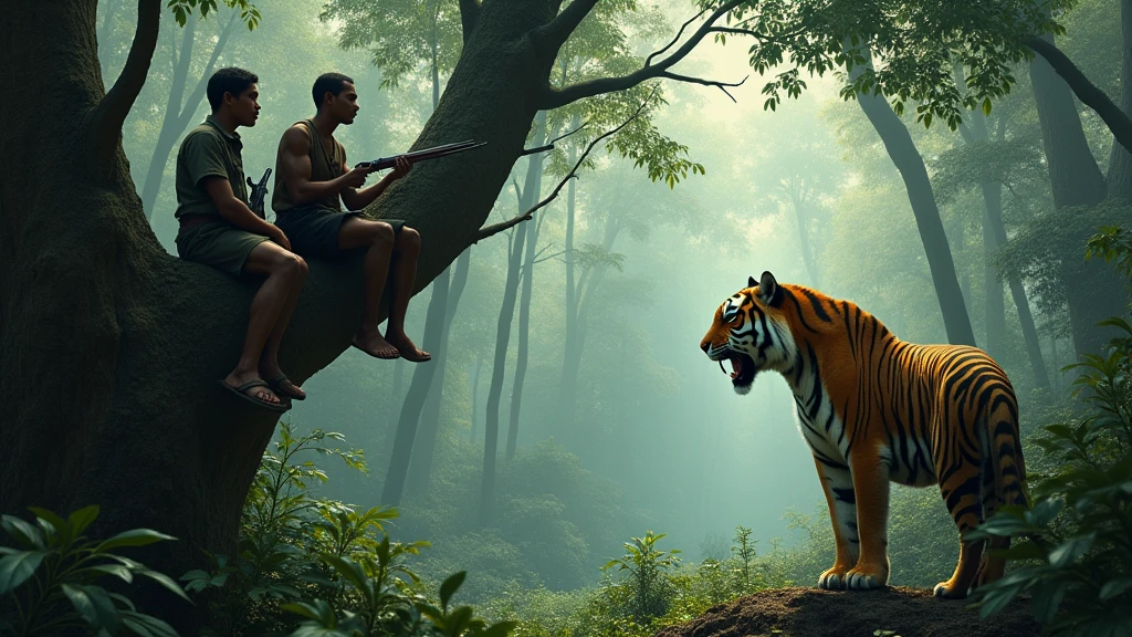 ​ Two Indonesian hunters with guns stand in a tree staring under the mail, an Indonesian man in the shape of a tiger stands under a tree​ 8k  