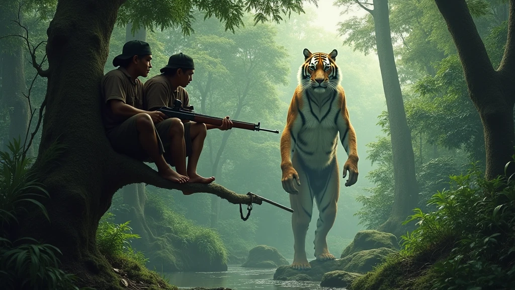  Two Indonesian hunters with guns stand in a tree staring under the mail, an Indonesian man in the shape of a tiger stands under a tree 8k