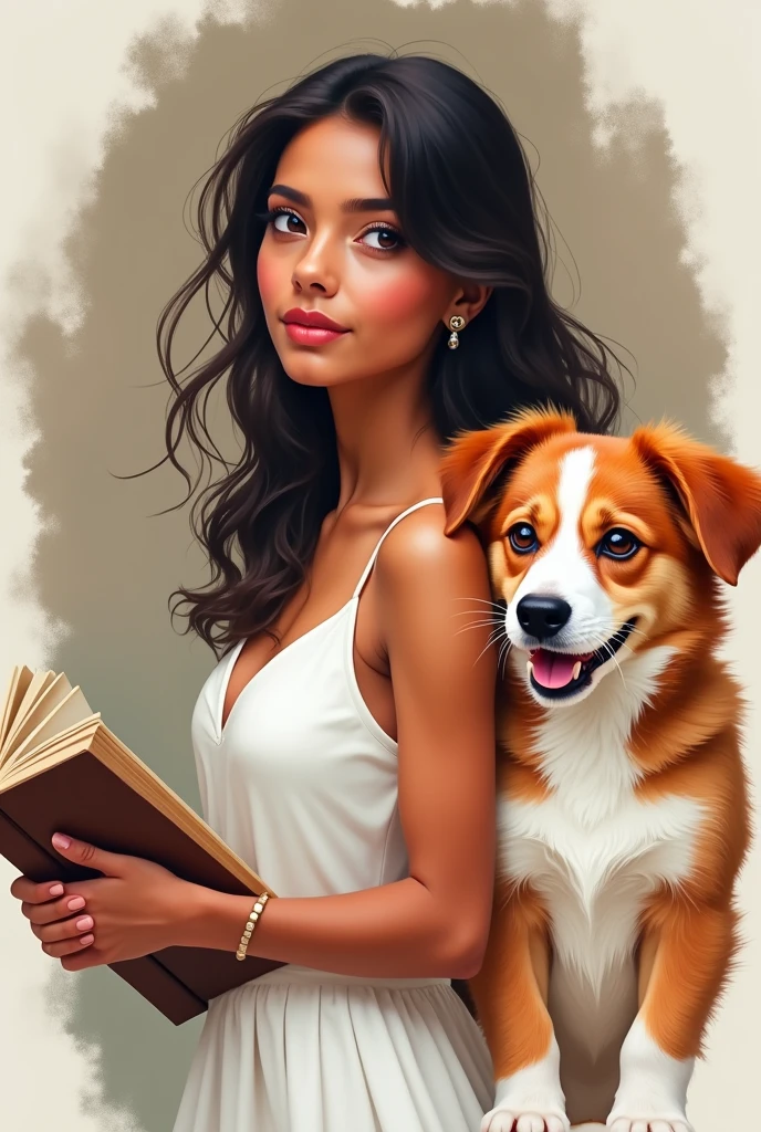 beautiful dog. Beautiful puppy. Adorable dog. Portrait of a woman in a white dress, holding a book with delicate hands, expressing beauty and strength. Detailed portrait of an indigenous woman in cartoon style, with beautiful eyes, Quick brushstrokes and vibrant colors. beautiful dog. Beautiful puppy. Cute puppy masterpiece., with red and white fur. Italian girl posing, detailed face, dark hair, athletic body, wearing red flannel and jeans. soft fur, happy smile, cute Italian.