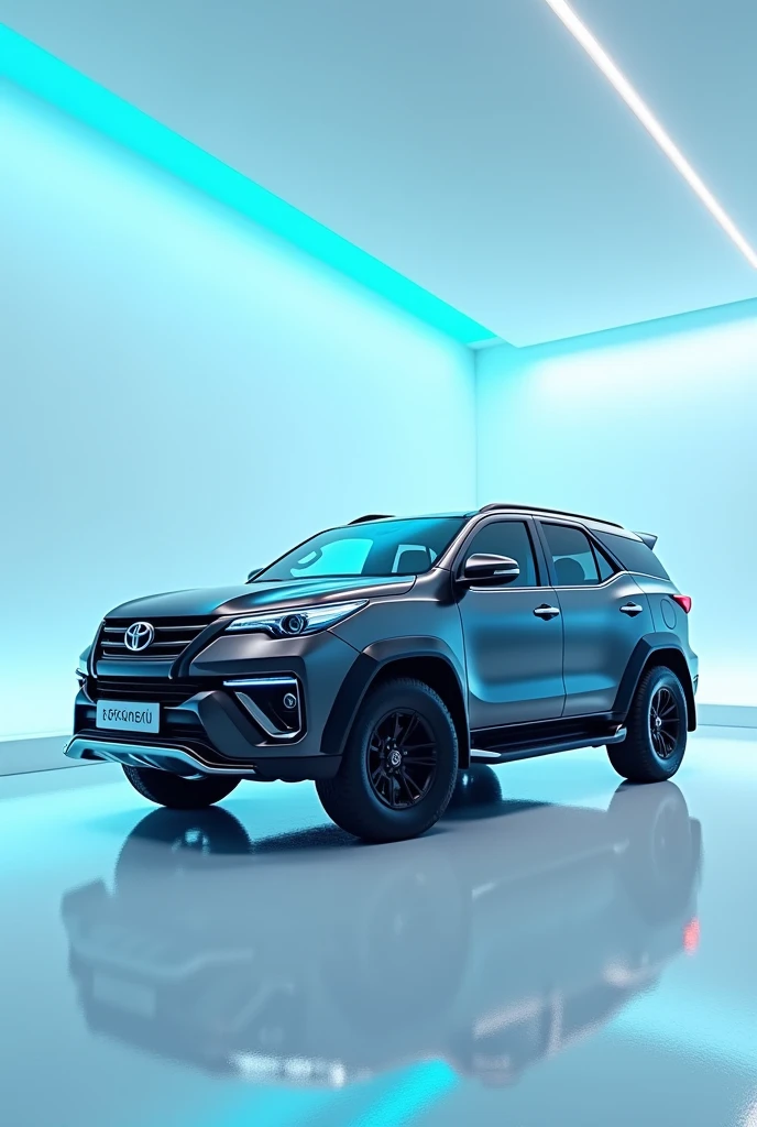 Toyota fortuner in futuristic white room with neon blue light