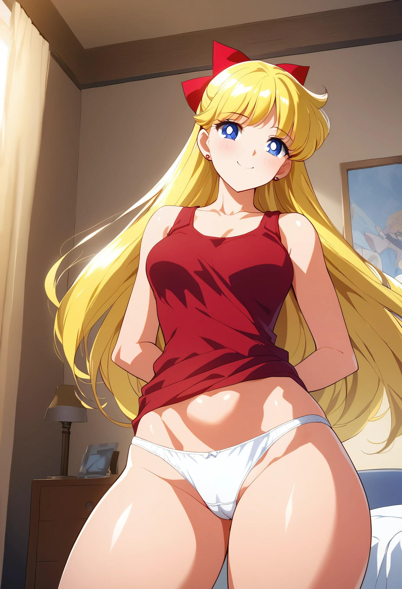 masterpiece, Highest quality, so beautiful, Long Hair, Blonde, Hair Ribbon, blue eyes, Smaller head, Earrings, (red_Tank top:1.5), bedroom, Are standing, Cowboy Shot, Mid-chest, smile, red面, Wink, (white_Panties:1.5), (Thick thighs:1.5), (Wide pelvis:1.5), (Diagonally below:1.5)