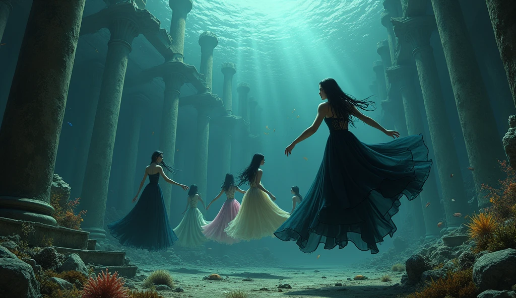 "A full-body shot of a (extra wide angle 1:1) in a dark low light deep sea medeval ballroom in an old gothic palace that has gone under the sea. Super-big ballroom. 2 queen twin sisters and their 5 girlfriends swimming arround in the sea. Swimming horizontally, vertically. The queens have a big light-colored eyes, black super-long long hair. Their girl-friends have a long hair also blue and green perfect detailed eyes.Their wering black dresses. Pink and gold dresses. Dresses in many layered lace and shiffon torned and wet ( perfect hands, five fingers on each hand.) Small breasts cleavage, (hyper realistic perfect eyes 1:1). White perfect skin. Queens surrounded by Perished under-water palace 1:1 Wearing a layered black, white and gold ballroom dresses with lace and shiffon. On the bottom of the sea are golden crowns, adorned with pink crystals 1:1. Bright colourd fishes swimming arround. Cancers. Corals. seamoss. Octopus. The scene a beautiful empresses swimming ghoasts, their long hair flowing all around. Sad. (Best Quality Detailed faces)1:1. A medieval fairytale vibe, with a big black intricate throne in a corner with seamoss on it, a broken medeval chandelier with few broken candles hanging from the ceiling. In a fantastic scene that uses 3D Surreal 3D model. Big gold gothic medieval five armed candlesticks sit on a blacktable on the seafloor, surrounded by crystal wine glasses—one tipped over and broken. The entire setup is Best Quality, masterpiece 1:1, capturing the essence of a beautiful and happy girls, fantastical gothic setting, Dark deep sea Low lighting under neath, framed with the grandeur of medieval gothic style. (8K).