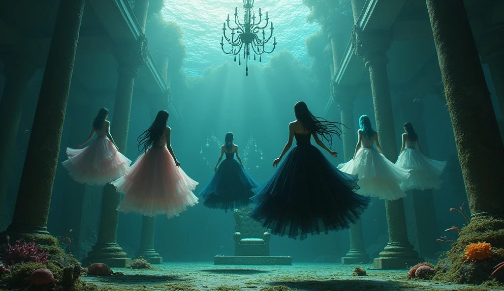 "A full-body shot of a (extra wide angle 1:1) in a dark low light deep sea medeval ballroom in an old gothic palace that has gone under the sea. Super-big ballroom. 2 queen twin sisters and their 5 girlfriends swimming arround in the sea. Swimming horizontally, vertically. The queens have a big light-colored eyes, black super-long long hair. Their girl-friends have a long hair also blue and green perfect detailed eyes.Their wering black dresses. Pink and gold dresses. Dresses in many layered lace and shiffon torned and wet ( perfect hands, five fingers on each hand.) Small breasts cleavage, (hyper realistic perfect eyes 1:1). White perfect skin. Queens surrounded by Perished under-water palace 1:1 Wearing a layered black, white and gold ballroom dresses with lace and shiffon. On the bottom of the sea are golden crowns, adorned with pink crystals 1:1. Bright colourd fishes swimming arround. Cancers. Corals. seamoss. Octopus. The scene a beautiful empresses swimming ghoasts, their long hair flowing all around. Sad. (Best Quality Detailed faces)1:1. A medieval fairytale vibe, with a big black intricate throne in a corner with seamoss on it, a broken medeval chandelier with few broken candles hanging from the ceiling. In a fantastic scene that uses 3D Surreal 3D model. Big gold gothic medieval five armed candlesticks sit on a blacktable on the seafloor, surrounded by crystal wine glasses—one tipped over and broken. The entire setup is Best Quality, masterpiece 1:1, capturing the essence of a beautiful and happy girls, fantastical gothic setting, Dark deep sea Low lighting under neath, framed with the grandeur of medieval gothic style. (8K).