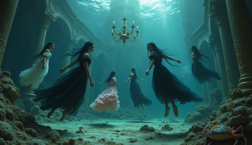 "A full-body shot of a (extra wide angle 1:1) in a dark low light deep sea medeval ballroom in an old gothic palace that has gone under the sea. Super-big ballroom. 2 queen twin sisters and their 5 girlfriends swimming arround in the sea. Swimming horizontally, vertically. The queens have a big light-colored eyes, black super-long long hair. Their girl-friends have a long hair also blue and green perfect detailed eyes.Their wering black dresses. Pink and gold dresses. Dresses in many layered lace and shiffon torned and wet ( perfect hands, five fingers on each hand.) Small breasts cleavage, (hyper realistic perfect eyes 1:1). White perfect skin. Queens surrounded by Perished under-water palace 1:1 Wearing a layered black, white and gold ballroom dresses with lace and shiffon. On the bottom of the sea are golden crowns, adorned with pink crystals 1:1. Bright colourd fishes swimming arround. Cancers. Corals. seamoss. Octopus. The scene a beautiful empresses swimming ghoasts, their long hair flowing all around. Sad. (Best Quality Detailed faces)1:1. A medieval fairytale vibe, with a big black intricate throne in a corner with seamoss on it, a broken medeval chandelier with few broken candles hanging from the ceiling. In a fantastic scene that uses 3D Surreal 3D model. Big gold gothic medieval five armed candlesticks sit on a blacktable on the seafloor, surrounded by crystal wine glasses—one tipped over and broken. The entire setup is Best Quality, masterpiece 1:1, capturing the essence of a beautiful and happy girls, fantastical gothic setting, Dark deep sea Low lighting under neath, framed with the grandeur of medieval gothic style. (8K).