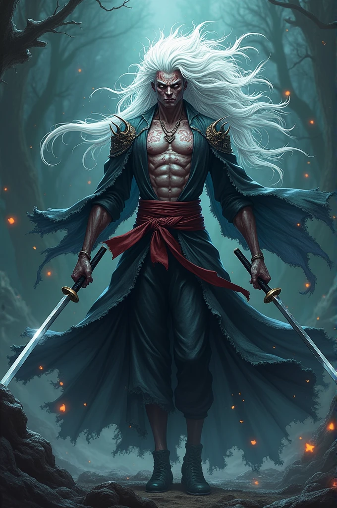 Sound hasirawith sukuna's body and gojo satro 's hair and double katana 