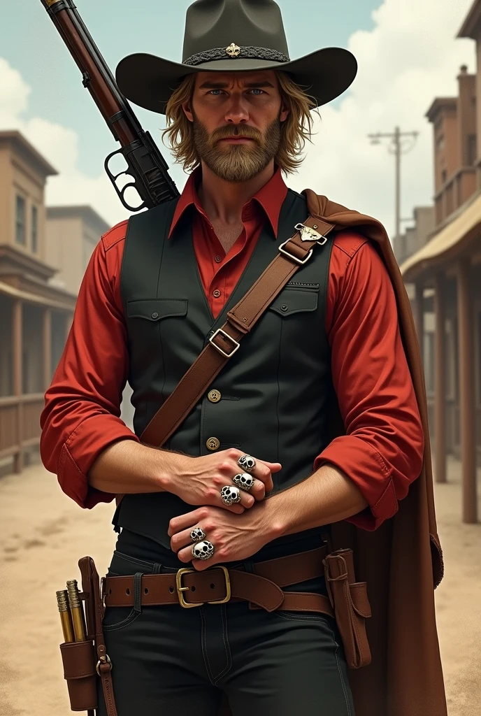 Cowboy bem bonito, 30years, living in 1901, old american west, blonde medium hair, barba mediana cheia, blue colored eyes, small scar from a cut on the left eye, brave face, red blouse, black vest, black cowboy hat, skull rings, double shoulder bag with cartridges, holster with revolver on the waist, carries a repeater on his back, bounty hunter.