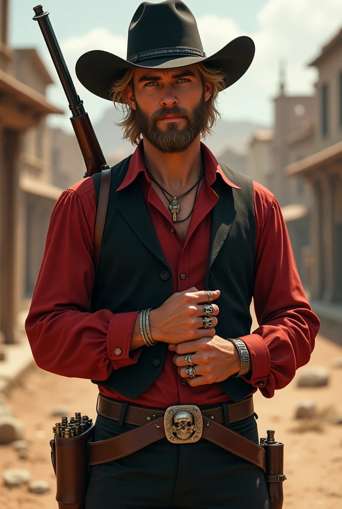 Cowboy bem bonito, 30years, living in 1901, old american west, blonde medium hair, barba mediana cheia, blue colored eyes, small scar from a cut on the left eye, brave face, red blouse, black vest, black cowboy hat, skull rings, double shoulder bag with cartridges, holster with revolver on the waist, carries a repeater on his back,  bounty hunter.