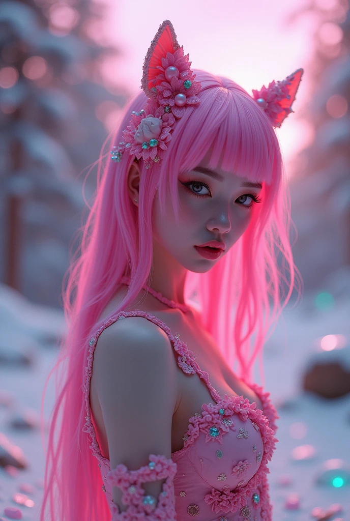 Japanese beauty killer,long pink hair、(Fluorescent Color:1.4)、(translucent:1.4)、(Retro filter:1.4)、(fantasy:1.4)、Candy world Disney fantasy fluffy soft scenery forest snow avatar pink sky green blue glow dreamy lights soft soft glow rainbow stars diamond glitter gem background surreal ultra hd movie lighting huge details full hd full light、