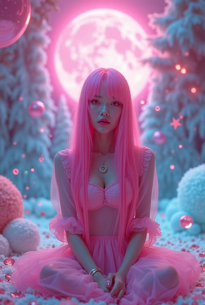 Japanese beauty killer，long pink hair、(Fluorescent Color:1.4)、(translucent:1.4)、(Retro filter:1.4)、(fantasy:1.4)、Candy world Disney fantasy fluffy soft scenery forest snow avatar pink sky green blue glow dreamy lights soft soft glow rainbow stars diamond glitter gem background surreal ultra hd movie lighting huge details full hd full light、
