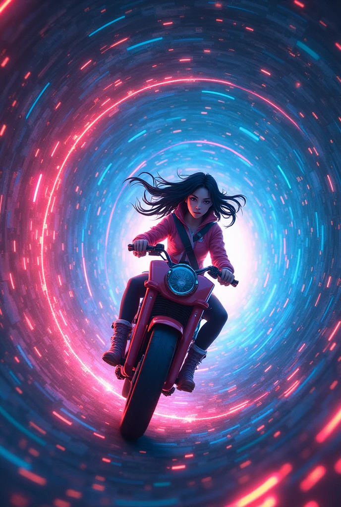 Japanese anime style,A woman riding a term machine,Cryptocurrencyのトンネルを飛んでいる,Speed,intense,Neon lit tunnel,Cryptocurrency,Bitcoin,Altcoins,Crypt,Traveling to the past,8k