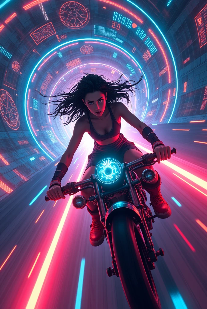 Japanese anime style,A woman riding a term machine,Cryptocurrencyのトンネルを飛んでいる,Speed,intense,Neon lit tunnel,Cryptocurrency,Bitcoin,Altcoins,Crypt,Traveling to the past,8k