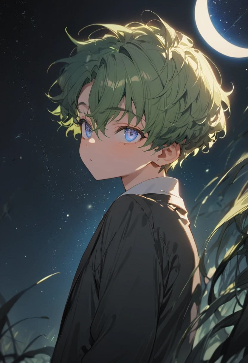 1 boy,{young boy},white shirts, black jacket, black pants,green hair,short hair, curly hair,from side, looking above, blue eyes,narrow eye, grow starry sky,cresent moon,at night,cold light, blue tone,masterpiece,best quality, ultra detail, beautiful eyes,perfect hand,