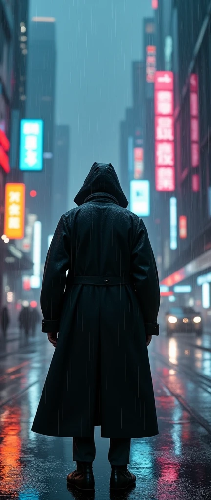 wide and far shot, ((a man in a black trench coat with a hood, return to camera:1.5)), standing on the rainy street, looking at a futuristic city at night, a dark cityscape with neon lights (Best Quality, 4k, 8k , High resolution, masterpiece: 1.2), ultra detailed (realist, photorealist, photorealist: 1.37), cinematic lighting, dramatic shadows, moody atmosphere, intricate details, Bright city lights, advanced technology, Retro-futuristic architecture, dynamic pose, hood that casts shadows on the face, intense look