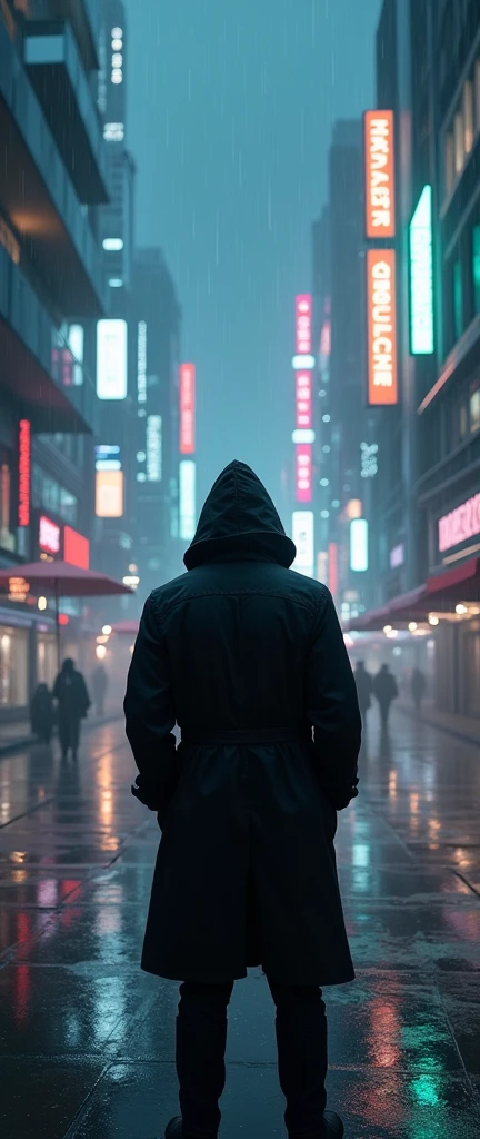 wide and far shot, ((a man in a black trench coat with a hood, return to camera:1.5)), standing on the rainy street, looking at a futuristic city at night, a dark cityscape with neon lights (Best Quality, 4k, 8k , High resolution, masterpiece: 1.2), ultra detailed (realist, photorealist, photorealist: 1.37), cinematic lighting, dramatic shadows, moody atmosphere, intricate details, Bright city lights, advanced technology, Retro-futuristic architecture, dynamic pose, hood that casts shadows on the face, intense look