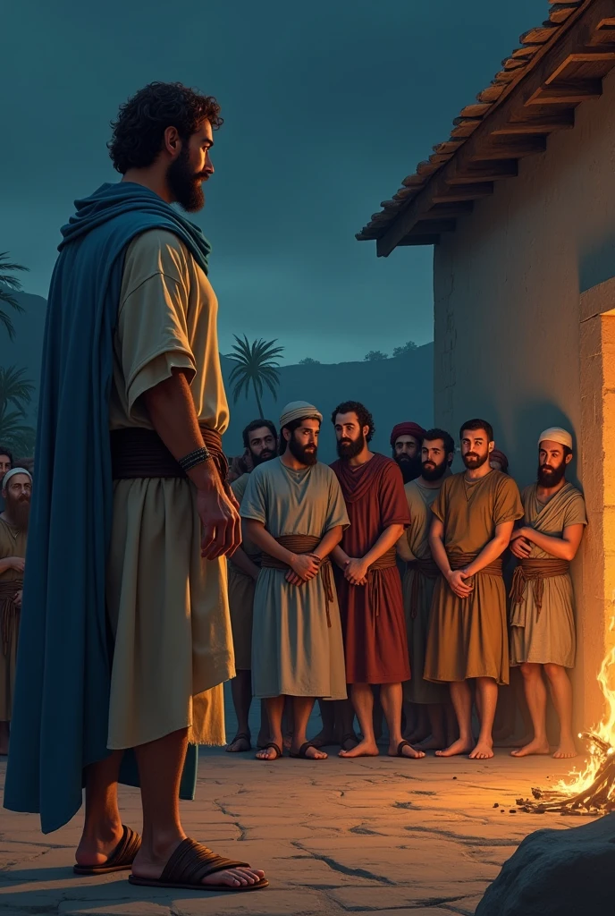 A Caucasian man with a beard and brown hair, thesis clara, bone-colored tunic dress with elbow-length sleeves, short brown skirt, simple leather belt at the waist, sandals with strings up to the shins, sky blue cloak, while standing outside a 1st century Jewish mansion, at night, where there is a campfire, He watches as a group of Jews drag a man with a beard and long hair out of the house, straight nose, Jewish eyes and a light bone-colored tunic, with hands tied 