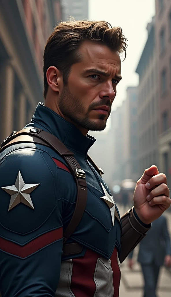 Dilemma: Captain America stands before a scene where Bucky Barnes is in mortal danger, his hand outstretched as if to intervene, but his face shows deep inner conflict. The background is blurred, focusing on the intense emotions on his face.