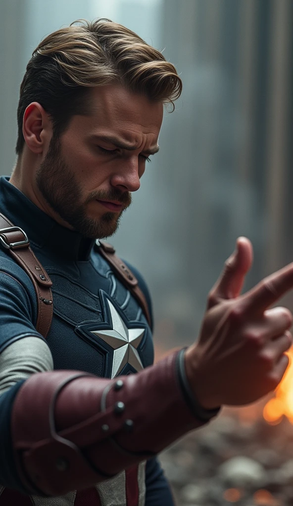 Dilemma: Captain America stands before a scene where Bucky Barnes is in mortal danger, his hand outstretched as if to intervene, but his face shows deep inner conflict. The background is blurred, focusing on the intense emotions on his face.
