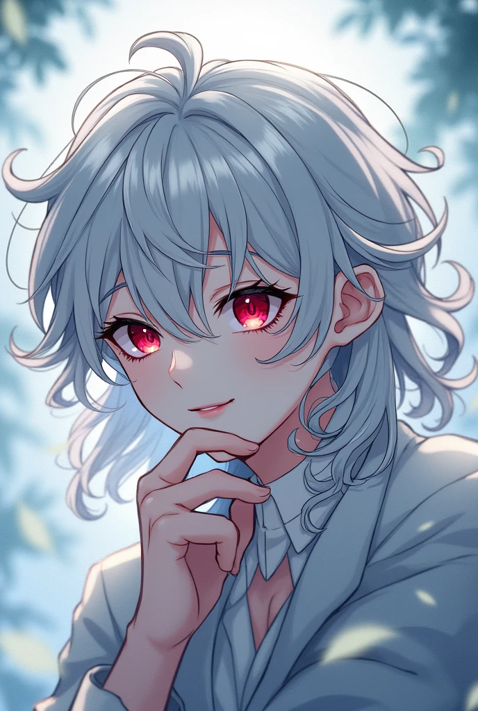anime character, silver hair, red eyes, pale skin, curly hair, long eyelashes , male