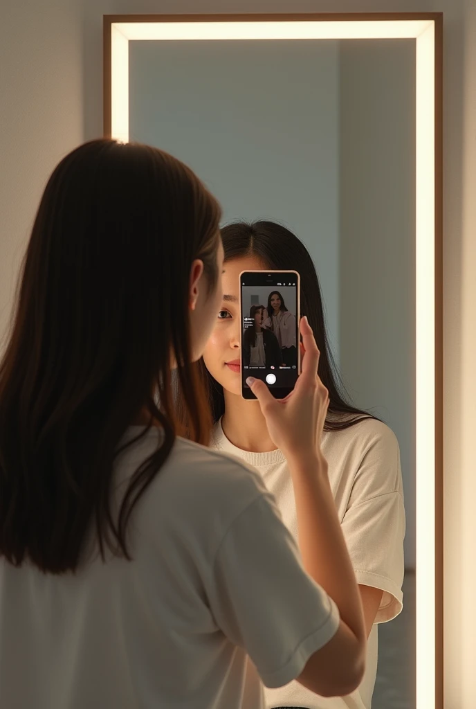 Make a picture of of Girl she taking photo in the mirror by his phone and his face was hidden by phone
