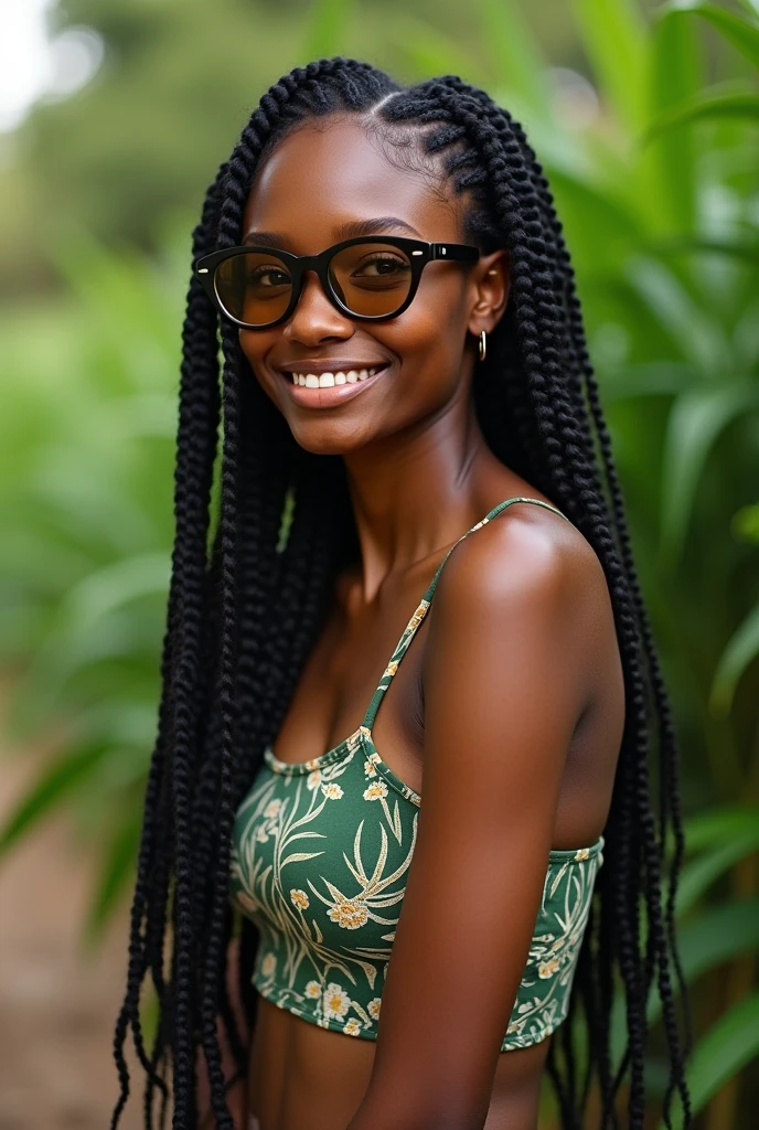(photorealism:1.2), beautiful Kenyan woman,22 years, beautiful green eyes,sharp boobs,smiling,long braids, black oversized glasses with light brown lenses, standing , realistic details, nature shot.cardi b inspiration