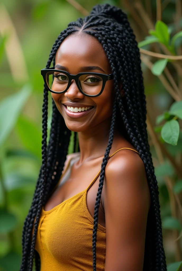 (photorealism:1.2), beautiful Kenyan woman,22 years, beautiful green eyes,sharp boobs,smiling,long braids, black oversized glasses with light brown lenses, standing , realistic details, nature shot.cardi b inspiration