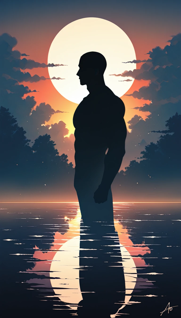 A Strong Buddhist muscular man stands in the smoke, loneliness, Black jumpsuit, Very tight, Silhouette effect, Tall muscular man, Priapus, Dark Black, Dark black skin, Buzz Cut, His muscles are very developed, Very tall, short hair, Blend into the smoke, Lake, Reflection, Sunset, Sunset, Man silhouette, Chinese, black and white, Simple style