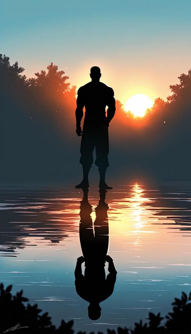 A Strong Buddhist muscular man stands in the smoke, loneliness, Black jumpsuit, Very tight, Silhouette effect, Tall muscular man, Priapus, Dark Black, Dark black skin, Buzz Cut, His muscles are very developed, Very tall, short hair, Blend into the smoke, Lake, Reflection, Sunset, Sunset, Man silhouette, Chinese, black and white, Simple style