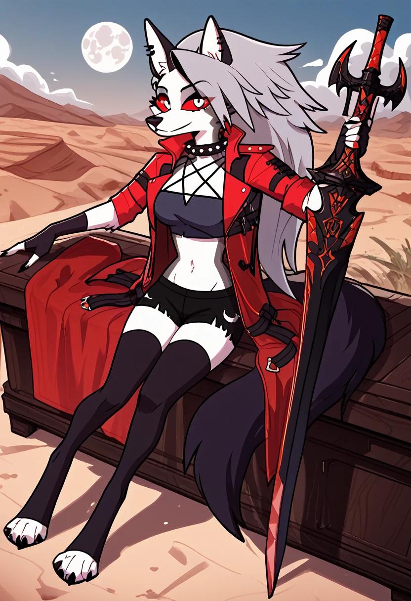 female, 1girls, anthro, furry, fur, fluffy fur, fluffy tail, Loona, long hair, full body, spiked collar, red sclera, silver iris, black toeless thigh-highs, big breasts, perky breasts, black fingerless gloves, masterpiece, highly detailed fur, gray crop top dethatched sleeve shirt, black shorts with moon symbol, Devil May Cry, wearing Dante's leather red trench coat, holding a great sword, resting sword on shoulder, thunder storm, cloudy, desert, score_9, score_8_up, score_7_up, score_6_up, score_5_up, score_4_up