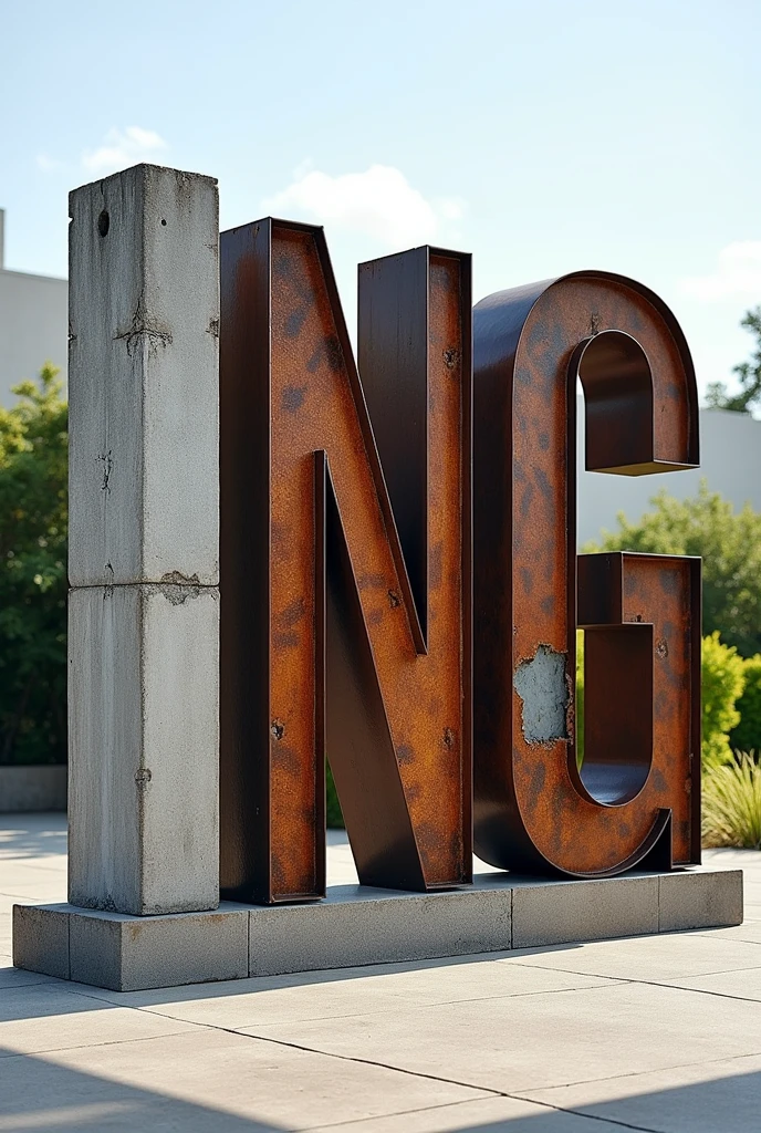 I want an image of giant letters that form the word &#39;ING&#39; in capital letters arranged vertically, where each letter is made of a different material: the &#39;I&#39; of cement, the &#39;N&#39; of old metal, and the &#39;G&#39; of wood. The concrete &#39;U&#39; has a robust and textured appearance, with cracks and a worn finish. The old metal &#39;N&#39; has a rusty look, with a brown and gray color, showing signs of aging. The wooden &#39;T&#39; is made of planks, with visible veins and a rustic finish. The letters are placed on a flat surface outdoors facing forward., maybe in a patio or garden, with a clear sky in the background. The lighting is natural, highlighting the textures and details of each material.