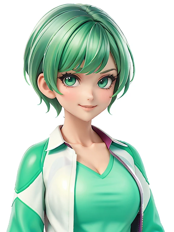 green hair,Emerald hair,short hair,short hair,bright face,upper body up,chest up,business woman,intellectual,smile,jacket,white shirt ,big bangs,beautiful bangs, laughter,drooling eyes, alone,Flow of hair that extends to the face,Big light blue eyes shine charmingly,green one piece,eyeliner,Shining white skin,