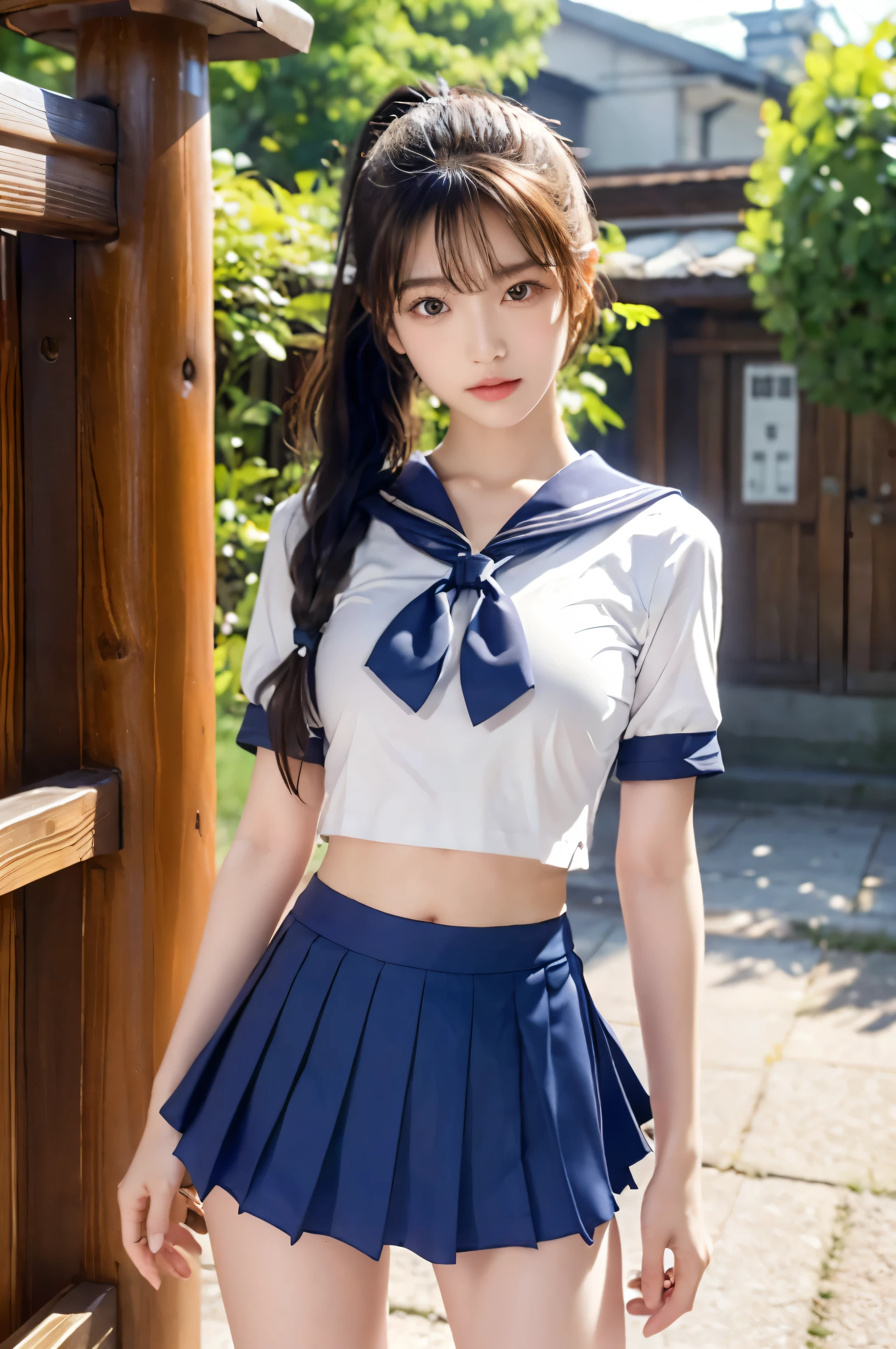 (Ultra HD), (Looking at me), (The whole body is shown), (Short-sleeved sailor uniform, Navy blue low-rise mini skirt), Big Breasts, Super beautiful breasts, slender, Narrow waist, (Thin legs:1.2), (Thin thighs:1.2), (Thin Hips:1.4), (Beautiful Skin, Shiny skin, White skin), (Super slim face, Super beautiful face, No makeup, Smile:0.6), (ponytail, Layered Cut, Fluffy hair), (double eyelid, Slanted Eyes), (Small Nose), (Thin lips), Are standing, In front of the school gate