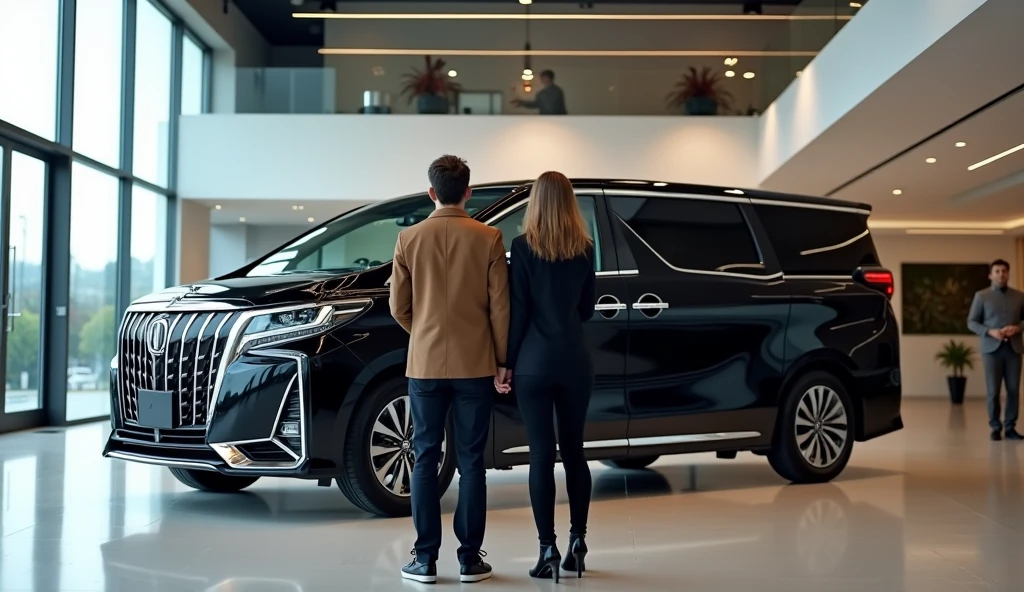 A married couple stands with their backs to the camera next to a black luxury Voyah Dream minivan in a car showroom, full body