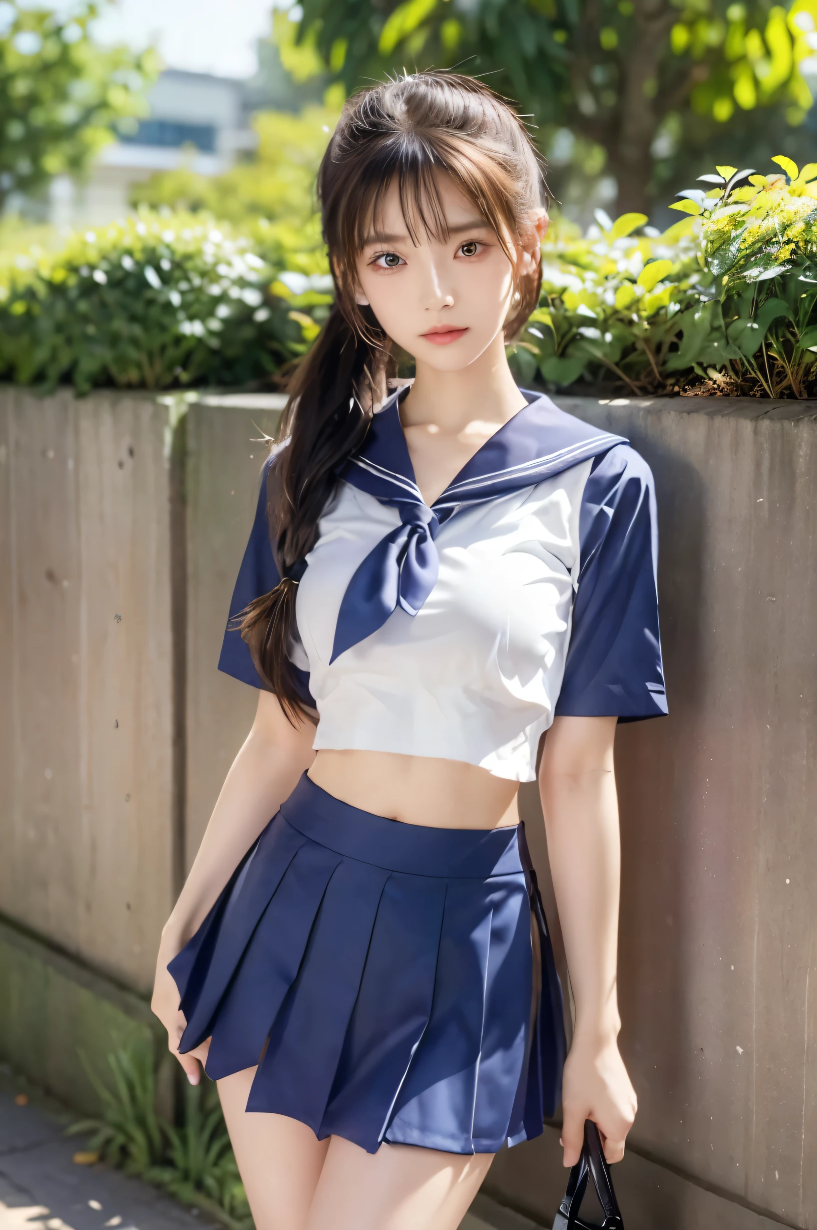 (Ultra HD), (Looking at me), (The whole body is shown), (Short-sleeved sailor uniform, Navy blue low-rise mini skirt), Big Breasts, Super beautiful breasts, slender, Narrow waist, (Thin legs:1.2), (Thin thighs:1.2), (Thin Hips:1.4), (Beautiful Skin, Shiny skin, White skin), (Super slim face, Super beautiful face, No makeup, Smile:0.6), (ponytail, Layered Cut, Fluffy hair), (double eyelid, Slanted Eyes), (Small Nose), (Thin lips), Are standing, In front of the school gate