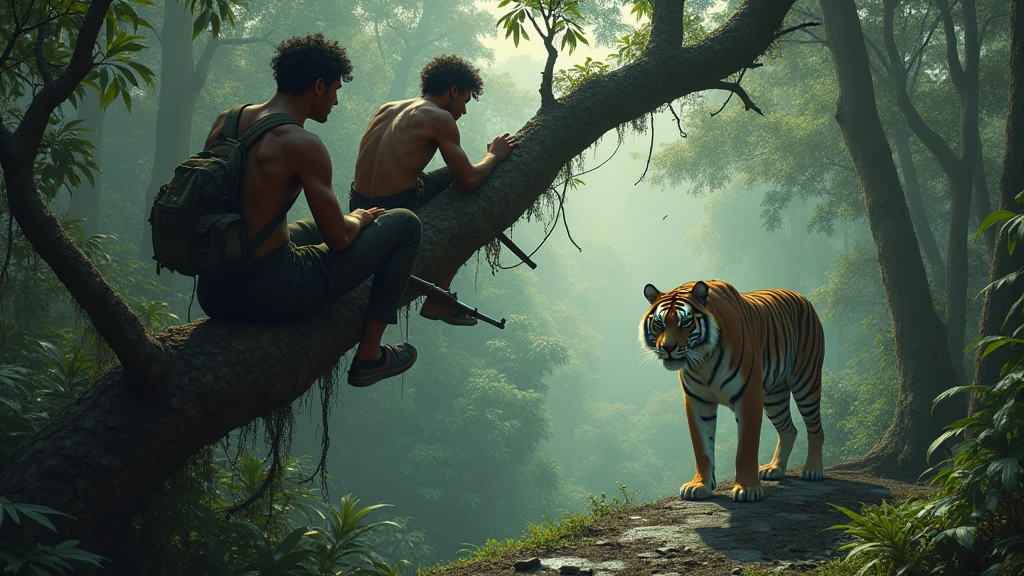  Two Indonesian hunters with guns stand in a tree staring under the mail, an Indonesian man in the shape of a tiger stands under a tree 8k